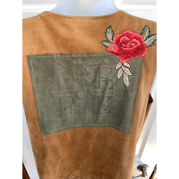Tan Fringe Boho Vest With Embroidered Rose & Love & Peace Back Print OS - Picture 7 of 8